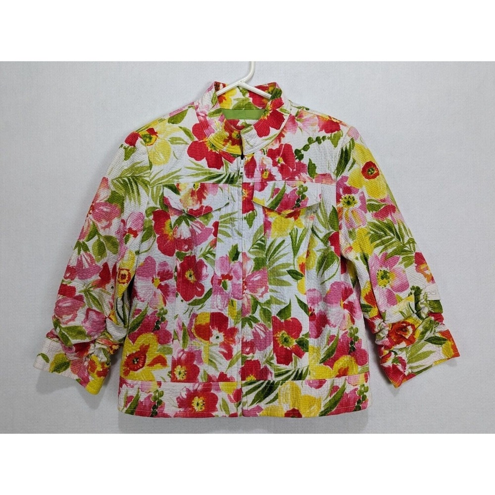 Anthracite Womens Jacket Floral Ruched Sleeves Size 6 Cotton Multicolor